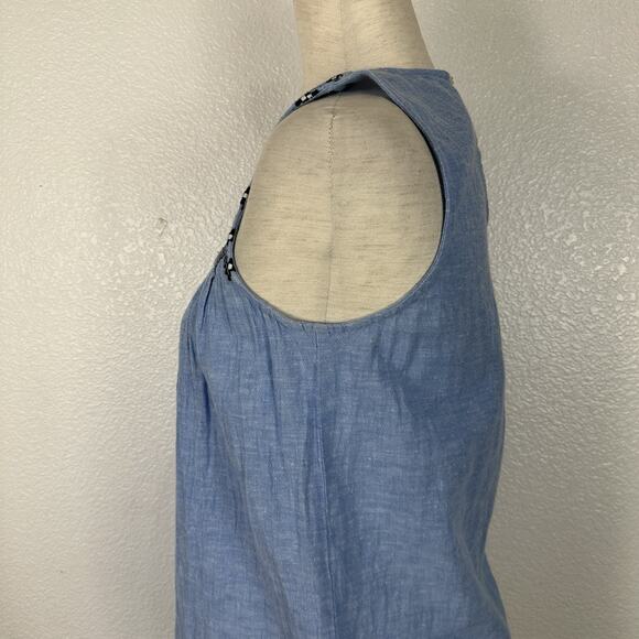 J Crew Linen Cotton Top Women Size 4 Embroidered Chambray Sleeveless Preppy Boho - Picture 6 of 11